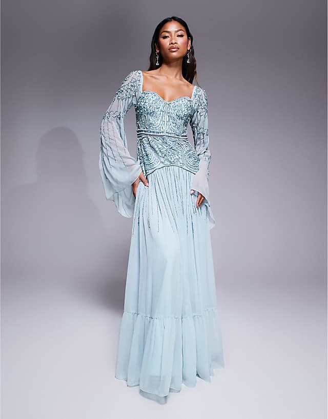 asos ASOS DESIGN fluted sleeve maxi dress with placement embellishment in aqua blue