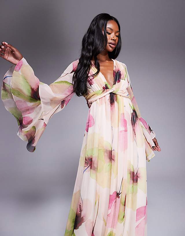 Asos ASOS DESIGN Fluted Sleeve Twist Front Maxi With Plunge Neckline In Pink Floral Print