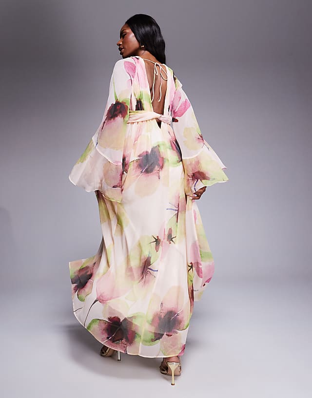 Asos ASOS DESIGN Fluted Sleeve Twist Front Maxi With Plunge Neckline In Pink Floral Print