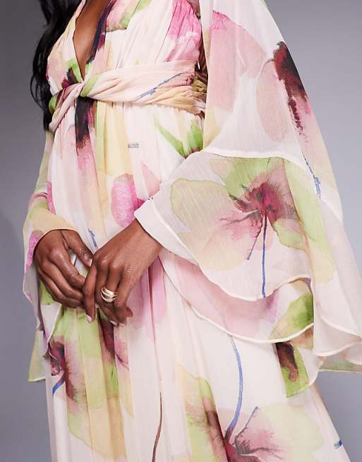 Asos ASOS DESIGN Fluted Sleeve Twist Front Maxi With Plunge Neckline In Pink Floral Print