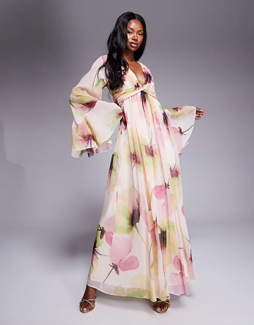 asos ASOS DESIGN fluted sleeve twist front maxi with plunge neckline in pink floral print