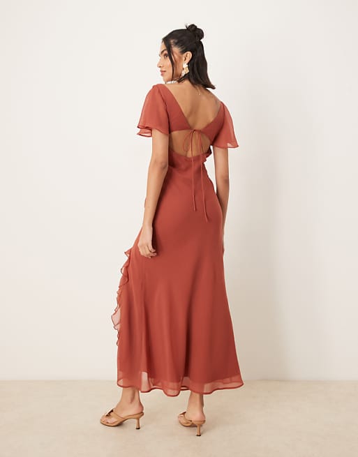 Asos ASOS DESIGN Flutter Sleeve Lace Trim Ruffle Split Midaxi Dress With Open Back In Rust
