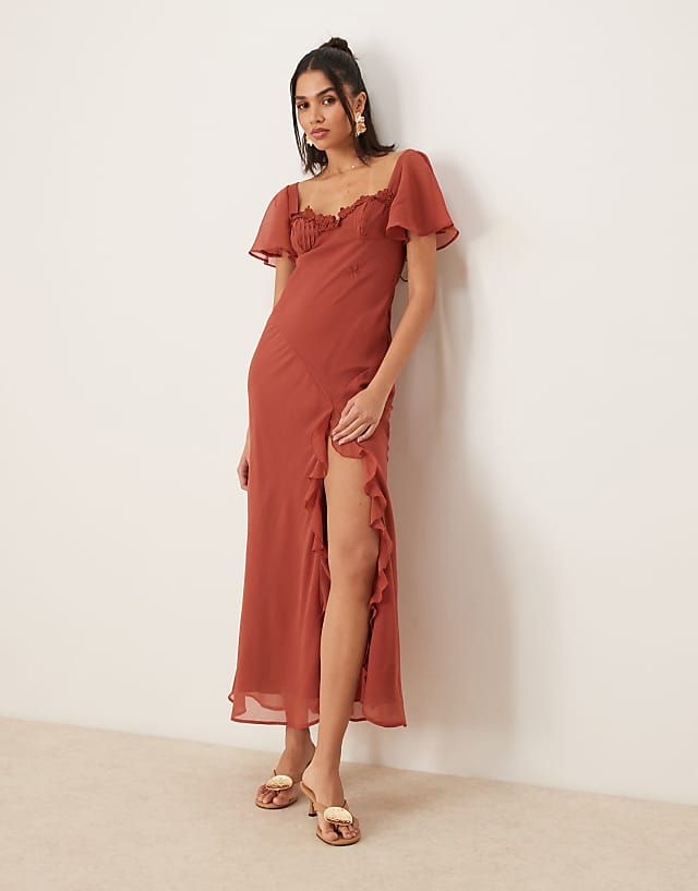 asos ASOS DESIGN flutter sleeve lace trim ruffle split midaxi dress with open back in rust