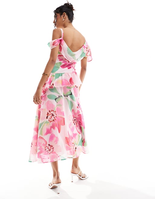 Asos ASOS DESIGN Flutter Sleeve Midi Dress With Front Frill Split In Print