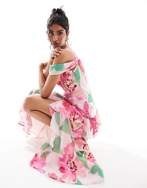 Asos ASOS DESIGN Flutter Sleeve Midi Dress With Front Frill Split In Print