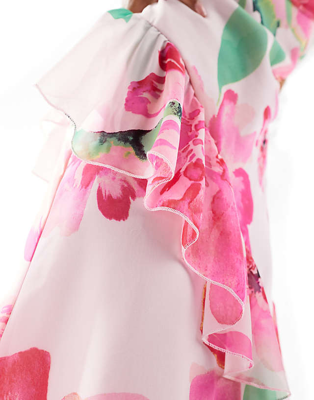 Asos ASOS DESIGN Flutter Sleeve Midi Dress With Front Frill Split In Print