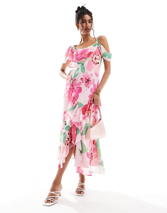 asos ASOS DESIGN flutter sleeve midi dress with front frill split in print