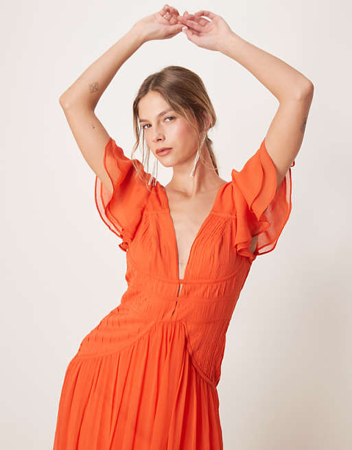 Asos ASOS DESIGN Flutter Sleeve Ruched Maxi Dress With Hi Low Hem In Spicy Red