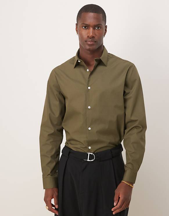asos ASOS DESIGN formal easy iron poplin regular shirt in khaki