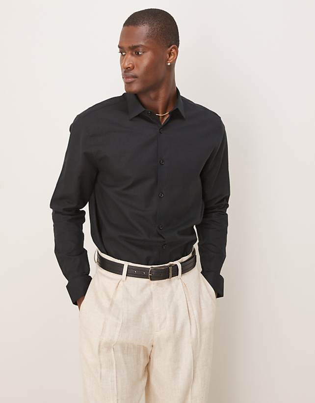 asos ASOS DESIGN formal linen blend regular shirt in black