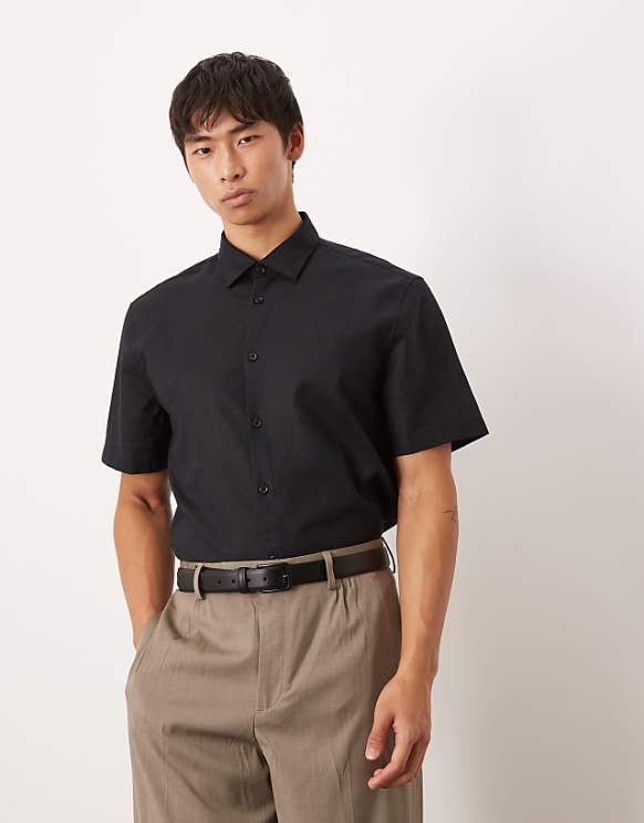 asos ASOS DESIGN formal linen blend regular shirt in black
