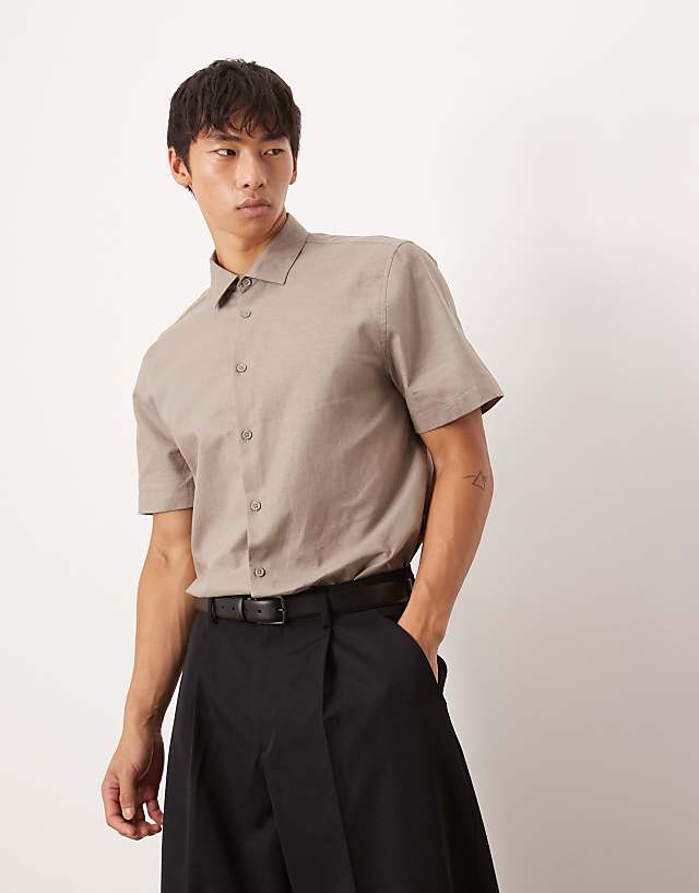 asos ASOS DESIGN formal linen blend regular shirt in brown