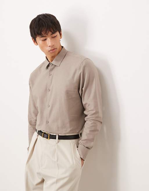 asos ASOS DESIGN formal linen blend regular shirt in brown