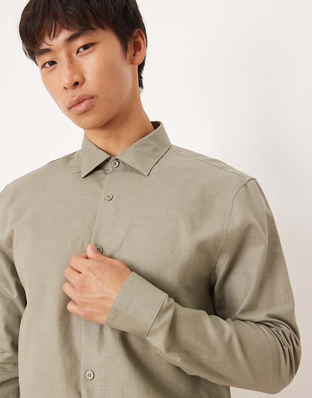 Asos ASOS DESIGN Formal Linen Blend Regular Shirt In Khaki