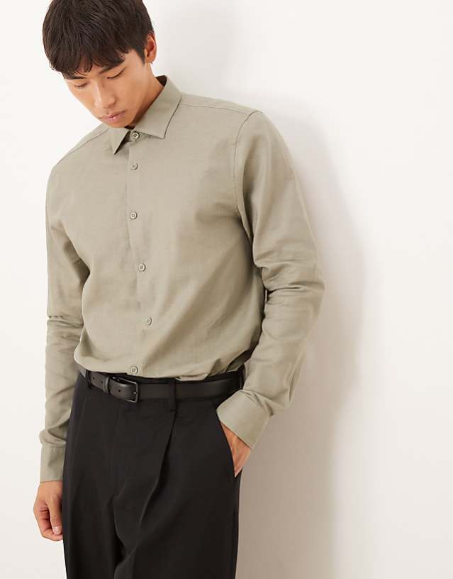 asos ASOS DESIGN formal linen blend regular shirt in khaki