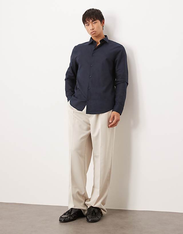 Asos ASOS DESIGN Formal Linen Blend Regular Shirt In Navy