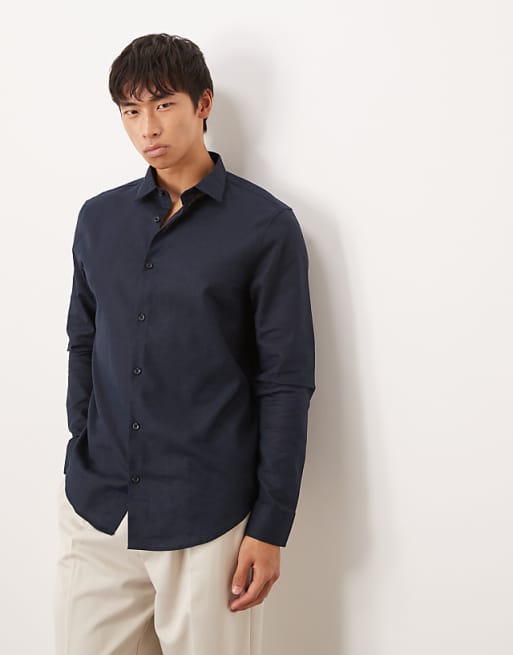 Asos ASOS DESIGN Formal Linen Blend Regular Shirt In Navy