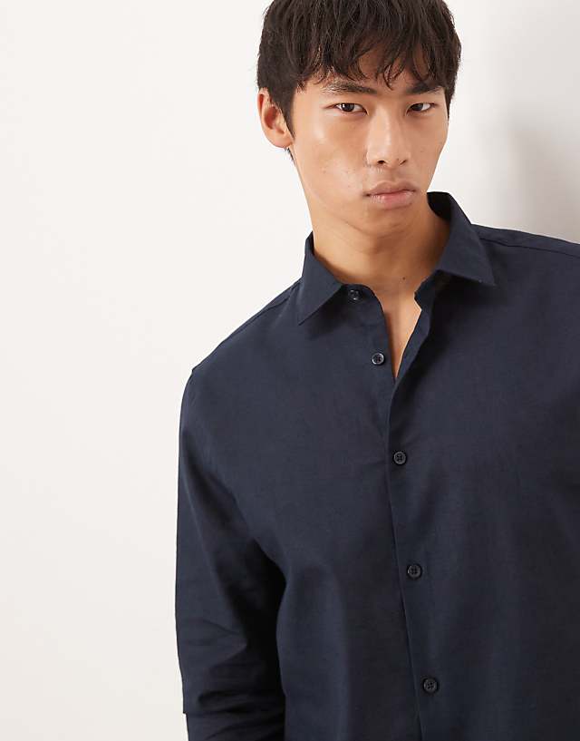asos ASOS DESIGN formal linen blend regular shirt in navy