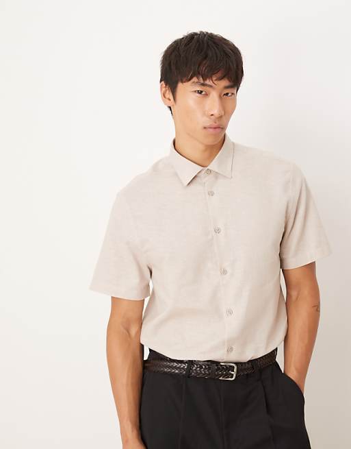 asos ASOS DESIGN formal linen blend regular shirt in stone