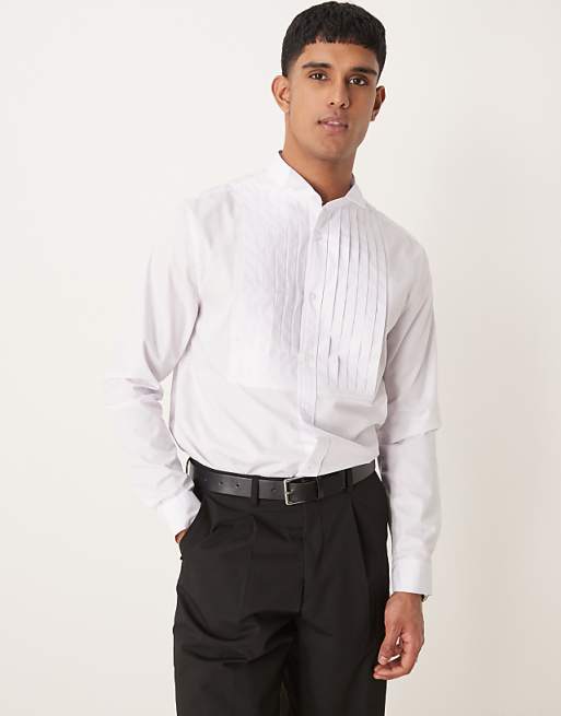 asos ASOS DESIGN formal wing collar regular shirt with pleated bib front in white