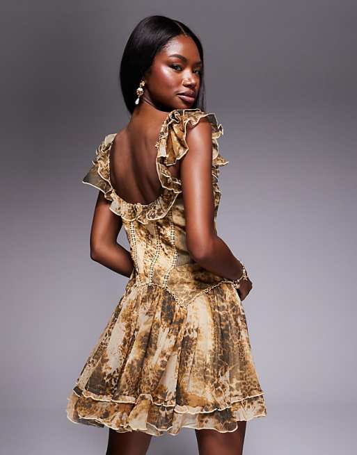 Asos ASOS DESIGN Frill Mini Dress With Corset Drop Waist Detail In Animal Print