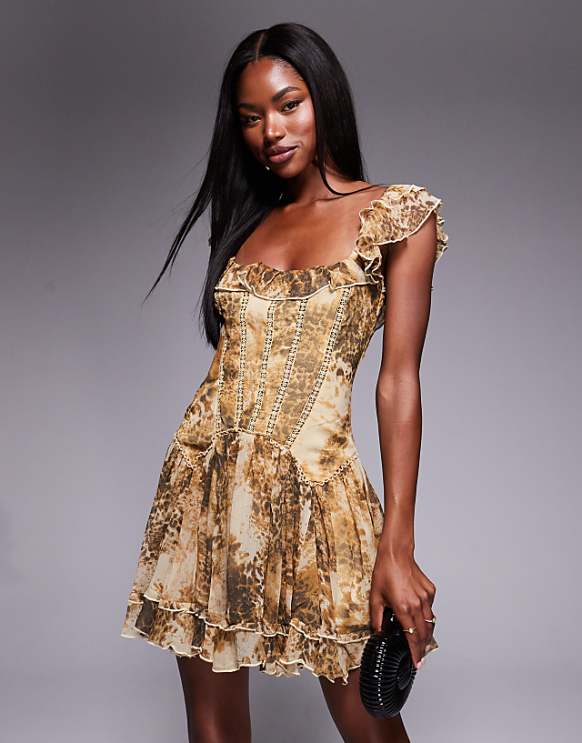 asos ASOS DESIGN frill mini dress with corset drop waist detail in animal print