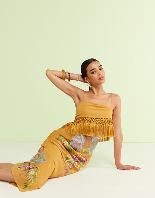 Asos ASOS DESIGN Fringe Detail Embroidered Maxi Dress In Mustard