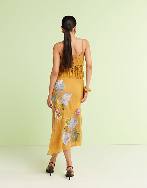 Asos ASOS DESIGN Fringe Detail Embroidered Maxi Dress In Mustard