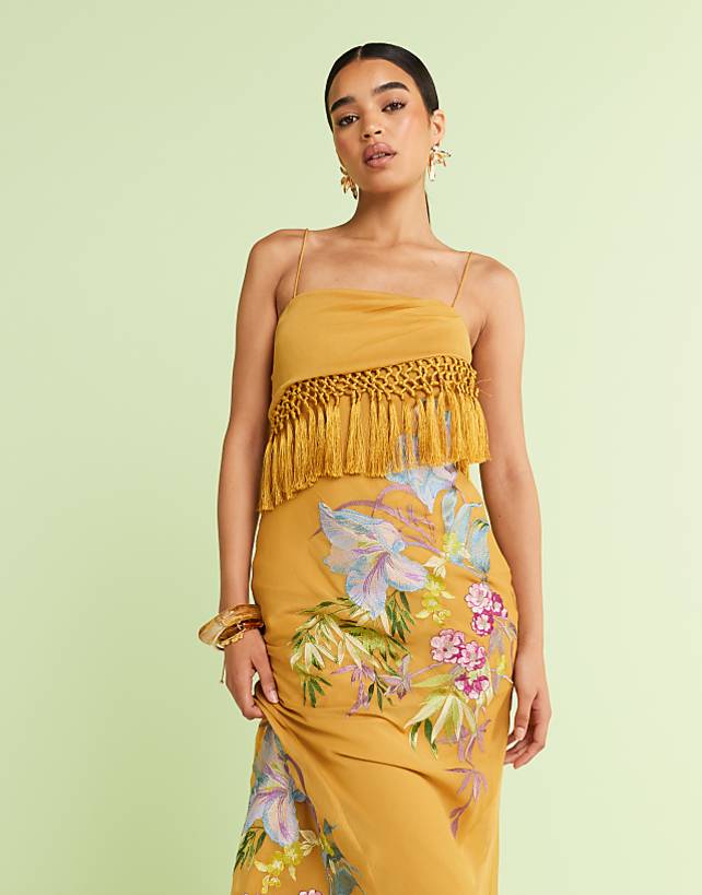 Asos ASOS DESIGN Fringe Detail Embroidered Maxi Dress In Mustard