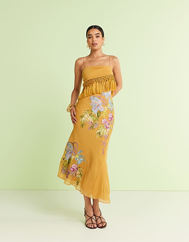 asos ASOS DESIGN fringe detail embroidered maxi dress in mustard