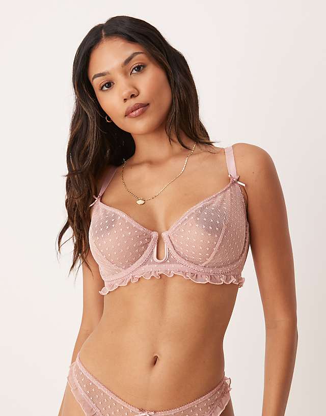 asos ASOS DESIGN Fuller Bust Jessie spot embroidery frill underwired bra in dusty pink