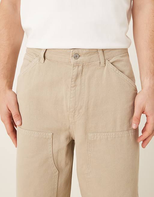 Asos ASOS DESIGN Garment Dye Super Baggy Carpenter Jeans In Beige