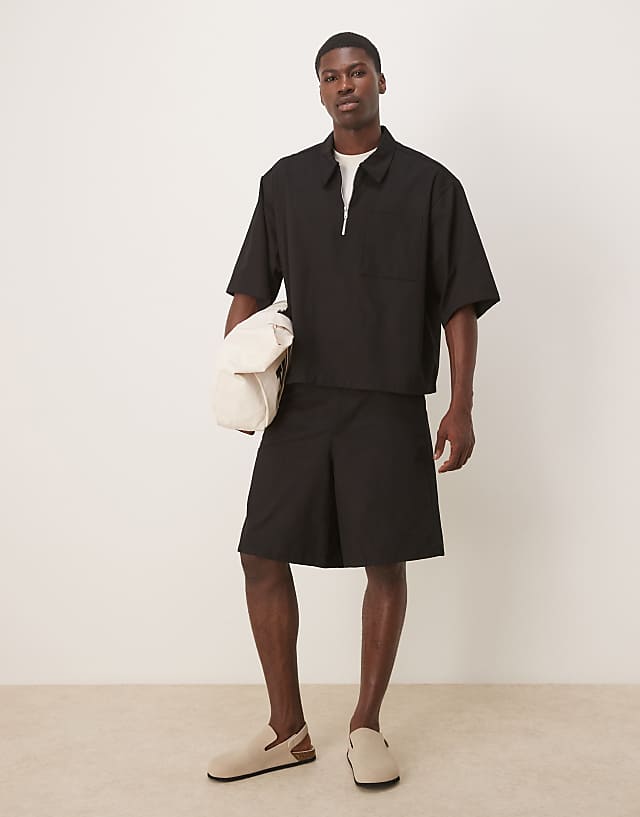 Asos ASOS DESIGN Half Sleeve Co-ord Shirt With Zip Neck In Black