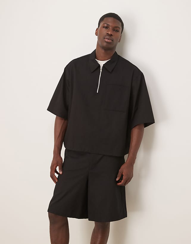 asos ASOS DESIGN half sleeve co-ord shirt with zip neck in black