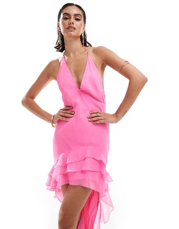 asos ASOS DESIGN halter maxi dress with ruffle detail and high low hem in pink