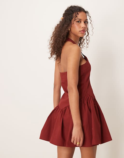 Asos ASOS DESIGN Halter Mini Dress With Ruffle Hem In Burgundy