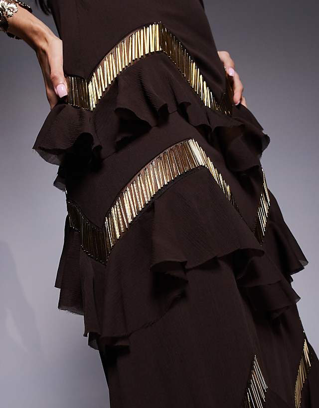 Asos ASOS DESIGN Halter Neck Tiered Embellished Ruffle Maxi Dress In Chocolate
