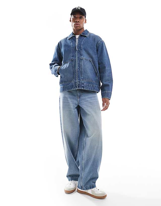 Asos ASOS DESIGN Harrington Jacket In Mid Wash Blue