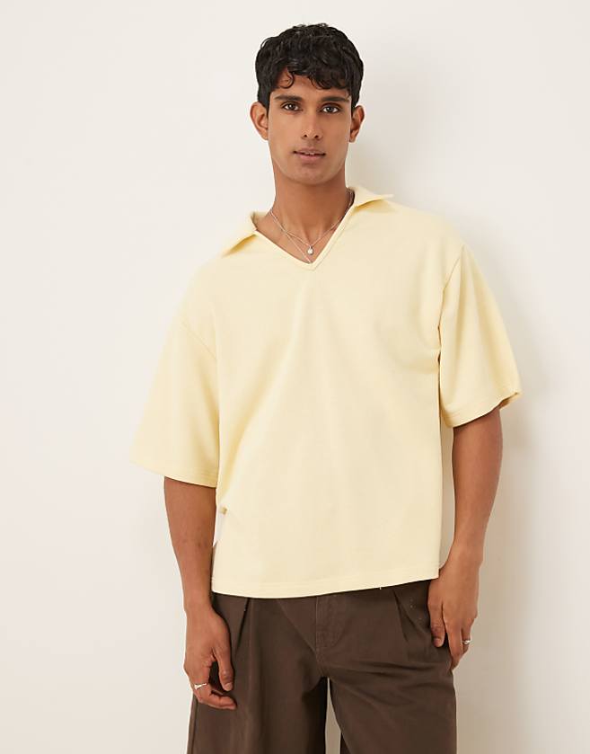asos ASOS DESIGN heavyweight 300gsm loopback notch neck polo in beige