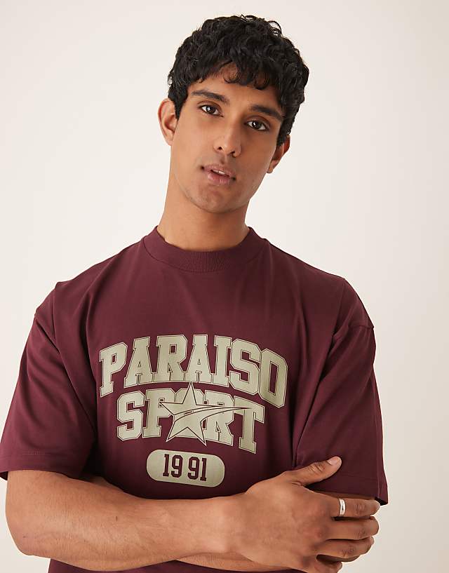 Asos ASOS DESIGN Heavyweight Boxy Oversized T-shirt With Print In Burgundy