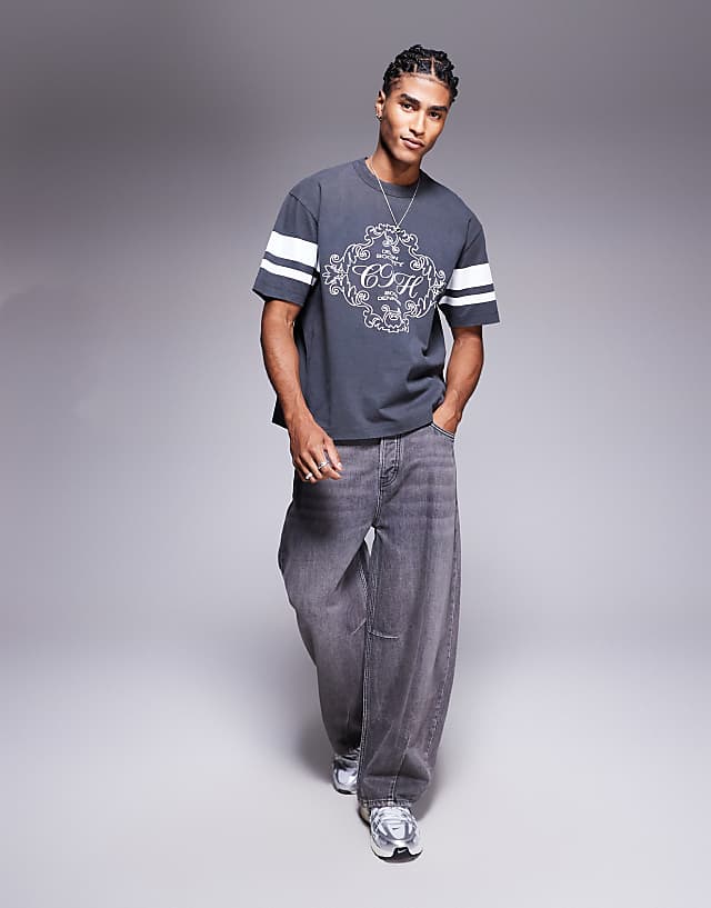 Asos ASOS DESIGN Heavyweight Boxy Relaxed T-shirt With Text Graphic And Sleeve Detail In Washed Charcoal