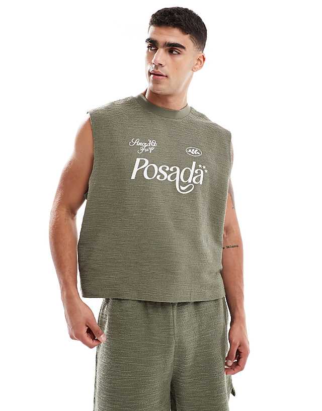 asos ASOS DESIGN heavyweight co-ord boxy oversized tank with text graphic in khaki texture