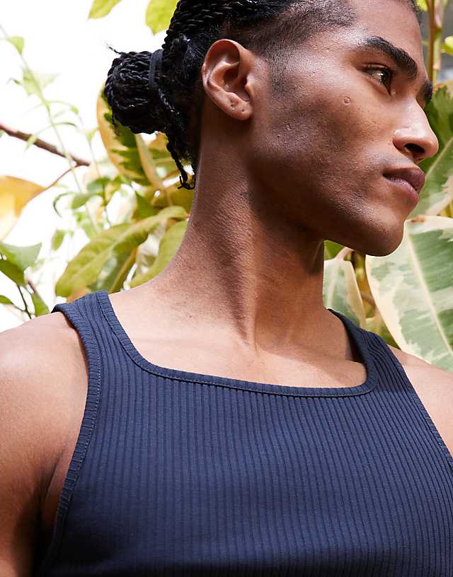 Asos ASOS DESIGN Heavyweight Muscle Rib Square Neck Vest In Navy