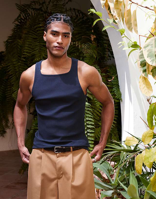 asos ASOS DESIGN heavyweight muscle rib square neck vest in navy