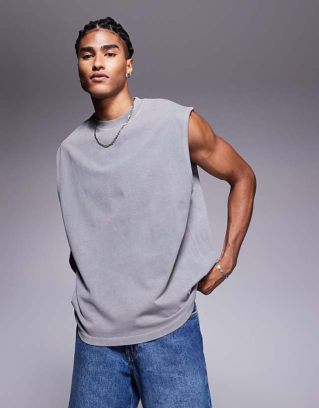 asos ASOS DESIGN heavyweight oversized acid wash vest in grey
