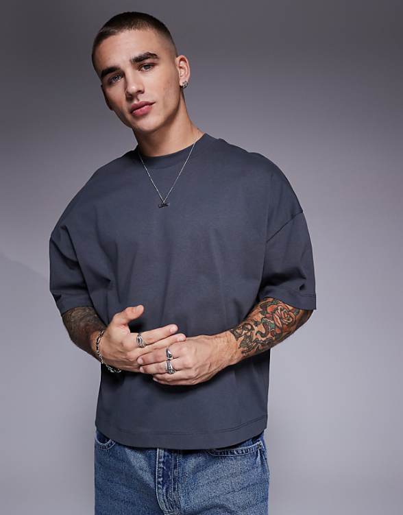 asos ASOS DESIGN heavyweight oversized boxy drop shoulder t-shirt in charcoal