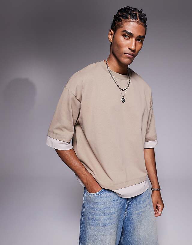asos ASOS DESIGN heavyweight oversized boxy t-shirt with contrast in beige