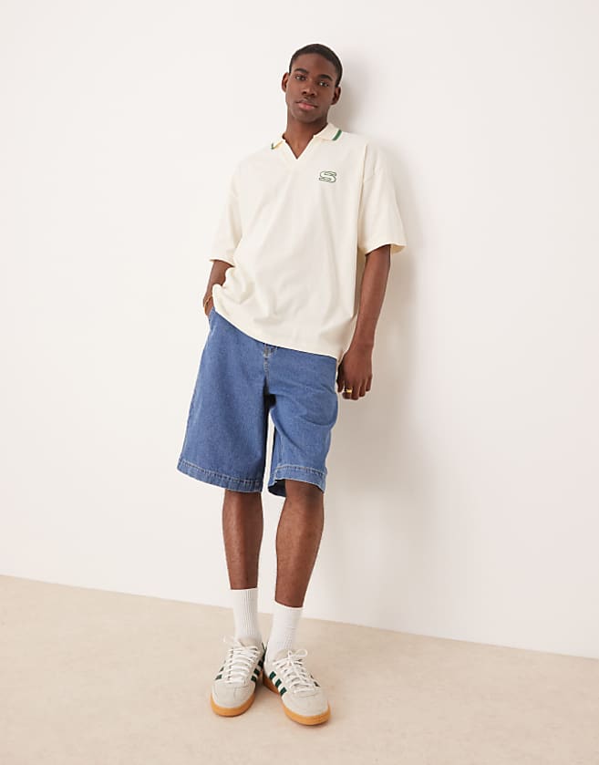Asos ASOS DESIGN Heavyweight Oversized Revere Polo With Applique In Beige