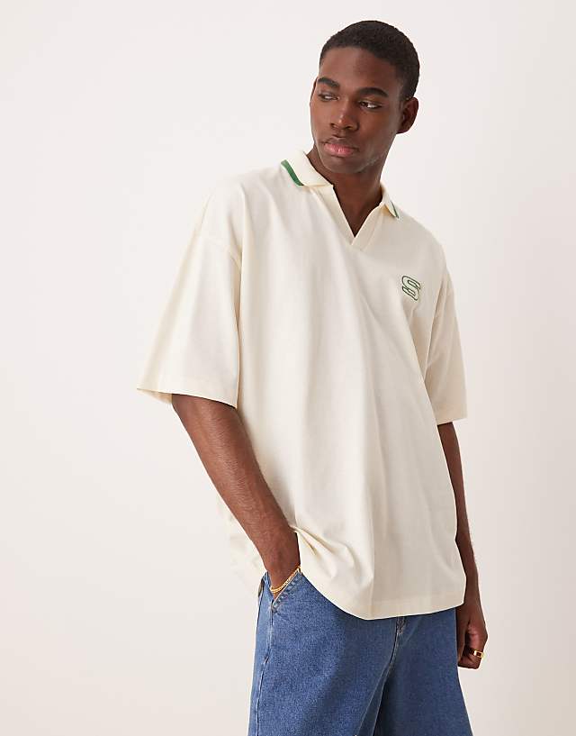 Asos ASOS DESIGN Heavyweight Oversized Revere Polo With Applique In Beige