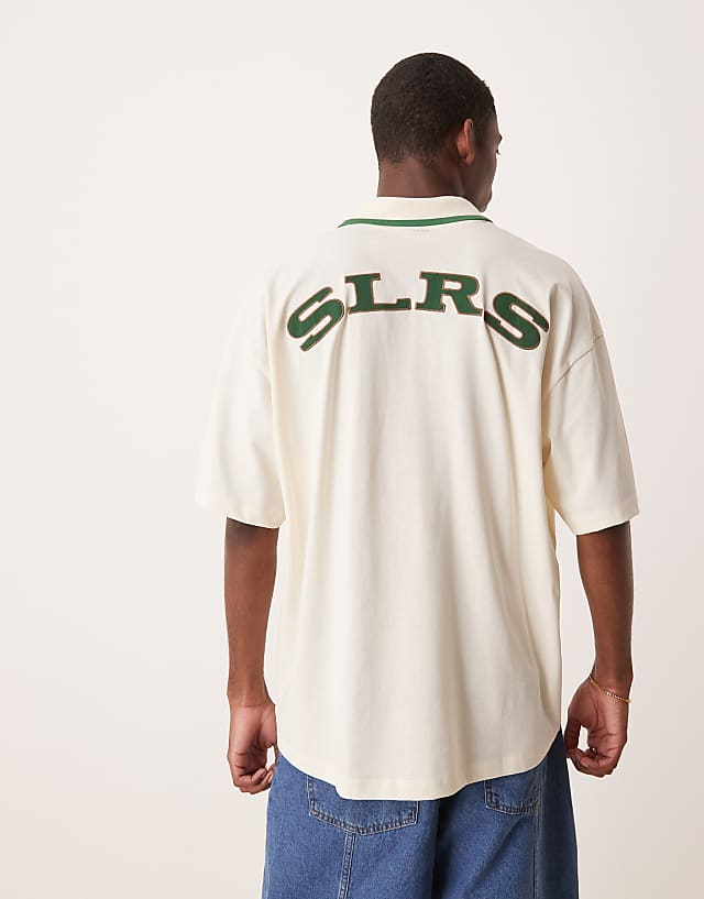 Asos ASOS DESIGN Heavyweight Oversized Revere Polo With Applique In Beige